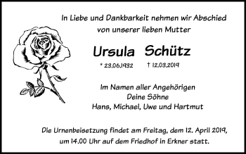 Traueranzeige von Ursula Schütz von Märkische Oderzeitung