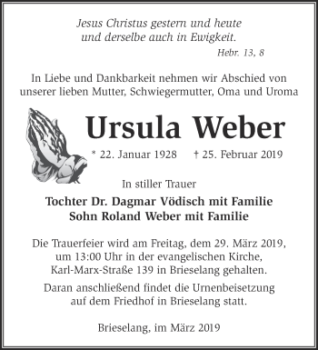 Traueranzeige von Ursula Weber von Märkische Oderzeitung