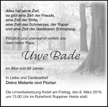 Traueranzeige von Uwe Bade von Märkische Oderzeitung