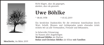 Traueranzeige von Uwe Böhlke von Märkische Oderzeitung