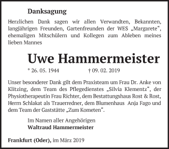 Traueranzeige von Uwe Hammermeister von Märkische Oderzeitung