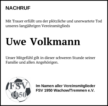 Traueranzeige von Uwe Volkmann von Märkische Oderzeitung