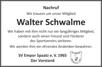 Traueranzeige von Walter Schwalme von Märkische Oderzeitung