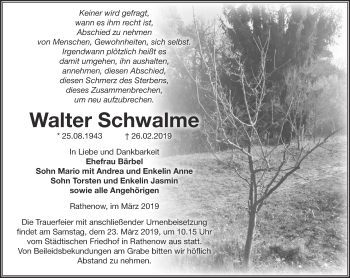 Traueranzeige von Walter Schwalme von Märkische Oderzeitung