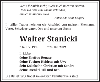 Traueranzeige von Walter Stanicki von Märkische Oderzeitung