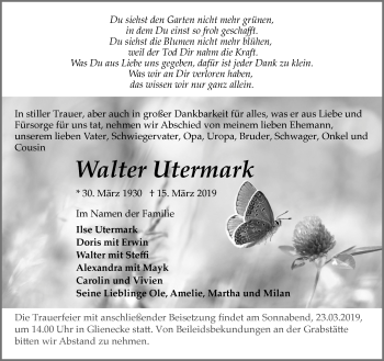 Traueranzeige von Walter Utermark von Märkische Oderzeitung