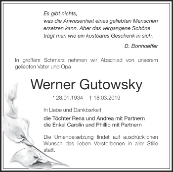 Traueranzeige von Werner Gutowsky von Märkische Oderzeitung