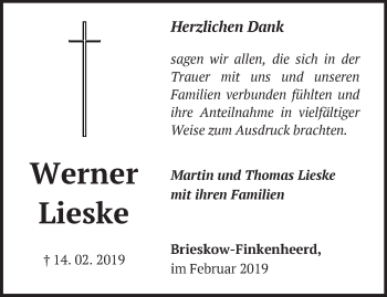 Traueranzeige von Werner Lieske von Märkische Oderzeitung