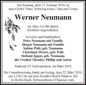 Traueranzeige von Werner Neumann von Märkische Oderzeitung