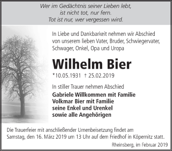 Traueranzeige von Wilhelm Bier von Märkische Oderzeitung