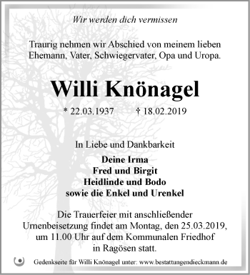 Traueranzeige von Willi Knönagel von Märkische Oderzeitung