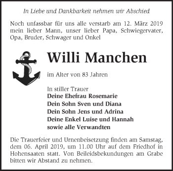 Traueranzeige von Willi Manchen von Märkische Oderzeitung