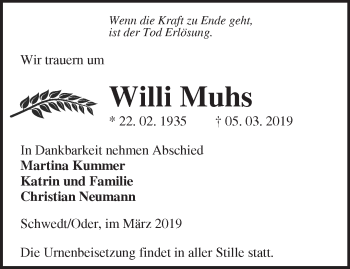 Traueranzeige von Willi Muhs von Märkische Oderzeitung