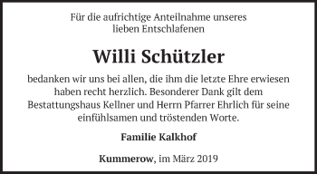 Traueranzeige von Willi Schützler von Märkische Oderzeitung