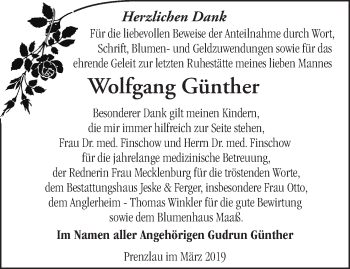 Traueranzeige von Wolfgang Günther von Märkische Oderzeitung