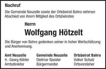 Traueranzeige von Wolfgang Hötzelt von Märkische Oderzeitung