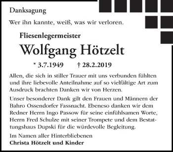 Traueranzeige von Wolfgang Hötzelt von Märkische Oderzeitung