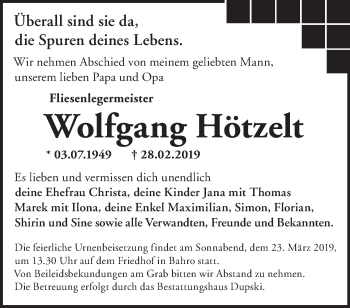 Traueranzeige von Wolfgang Hötzelt von Märkische Oderzeitung