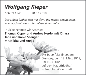 Traueranzeige von Wolfgang Kieper von Märkische Oderzeitung