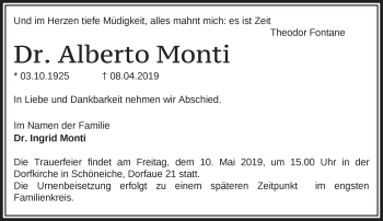 Traueranzeige von Alberto Monti von Märkische Oderzeitung