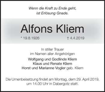 Traueranzeige von Alfons Kliem von Märkische Oderzeitung