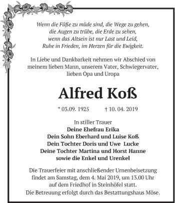 Traueranzeige von Alfred Koß von Märkische Oderzeitung