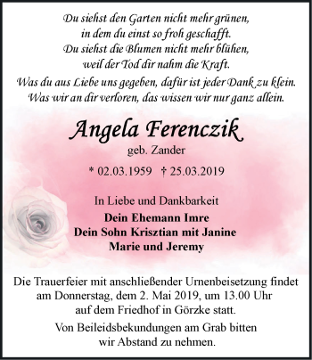 Traueranzeige von Angela Ferenczik von Märkische Oderzeitung