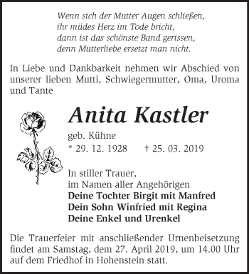 Traueranzeige von Anita Kastler von Märkische Oderzeitung