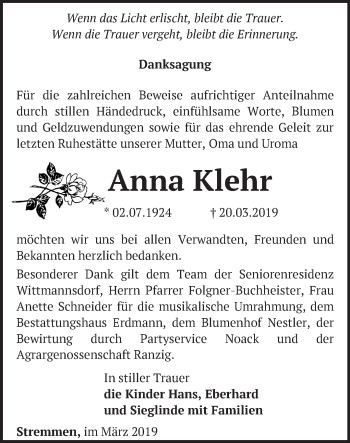 Traueranzeige von Anna Klehr von Märkische Oderzeitung