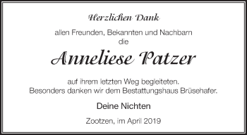 Traueranzeige von Anneliese Patzer von Märkische Oderzeitung