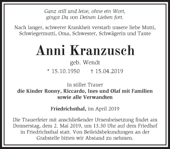 Traueranzeige von Anni Kranzusch von Märkische Oderzeitung