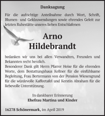 Traueranzeige von Arno Hildebrandt von Märkische Oderzeitung