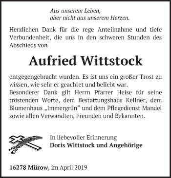 Traueranzeige von Aufried Wittstock von Märkische Oderzeitung