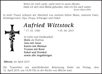 Traueranzeige von Aufried Wittstock von Märkische Oderzeitung