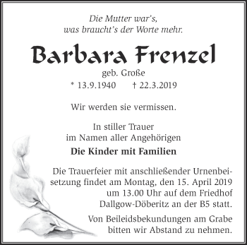 Traueranzeige von Barbara Frenzel von Märkische Oderzeitung