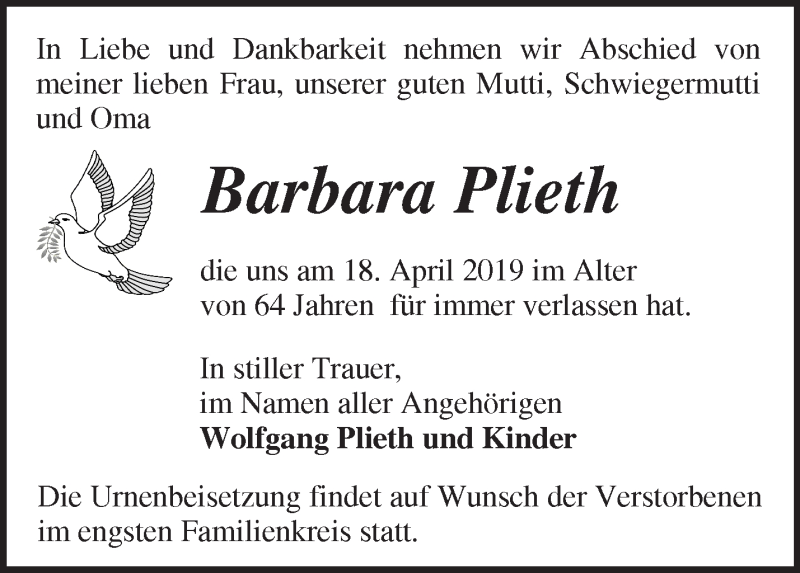  Traueranzeige für Barbara Plieth vom 28.04.2019 aus Märkische Oderzeitung