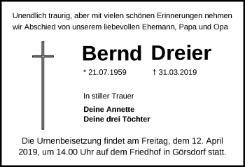 Traueranzeige von Bernd Dreier von Märkische Oderzeitung