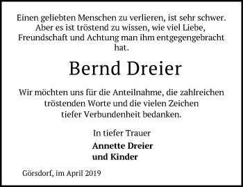 Traueranzeige von Bernd Dreier von Märkische Oderzeitung