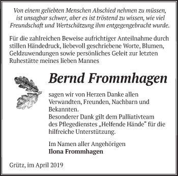 Traueranzeige von Bernd Frommhagen von Märkische Oderzeitung