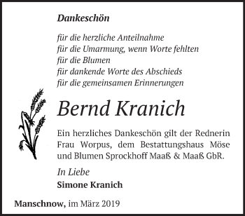 Traueranzeige von Bernd Kranich von Märkische Oderzeitung