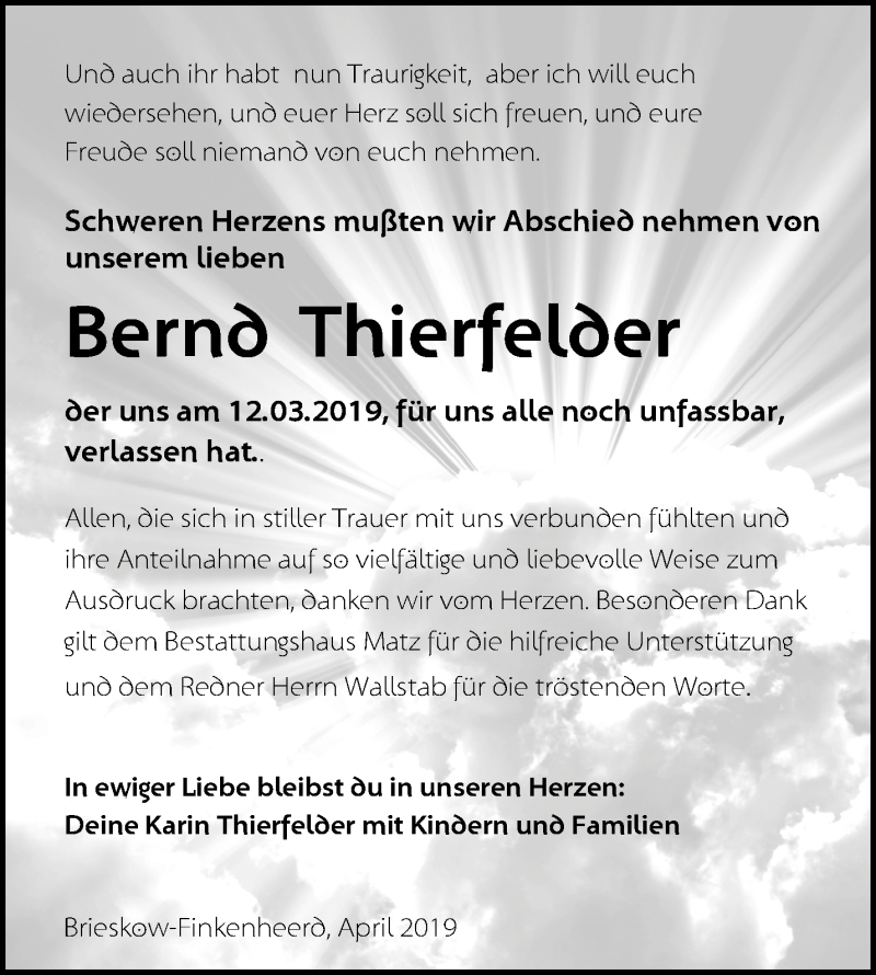 Traueranzeigen Von Bernd Thierfelder | Märkische Onlinezeitung Trauerportal