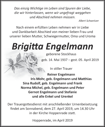 Traueranzeige von Brigitta Engelmann von Märkische Oderzeitung