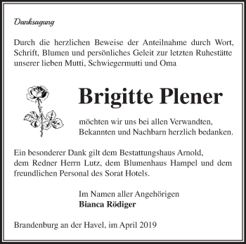 Traueranzeige von Brigitte Plener von Märkische Oderzeitung