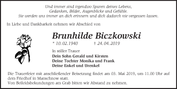 Traueranzeige von Brunhilde Biczkowski von Märkische Oderzeitung