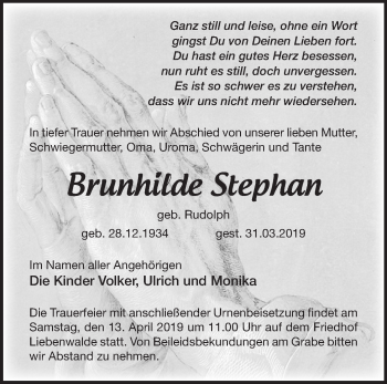 Traueranzeige von Brunhilde Stephan von Märkische Oderzeitung