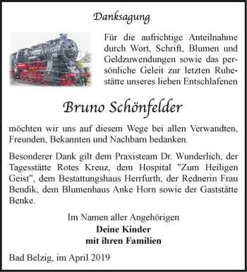 Traueranzeige von Bruno Schönfelder von Märkische Oderzeitung