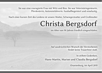 Traueranzeige von Christa Bergsdorf von Märkische Oderzeitung