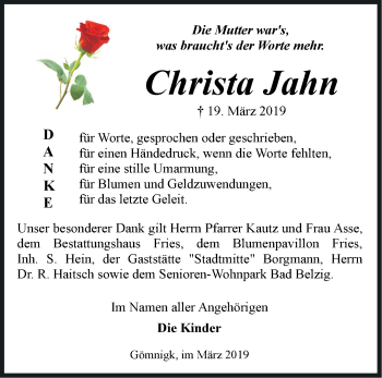 Traueranzeige von Christa Jahn von Märkische Oderzeitung