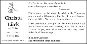 Traueranzeige von Christa Lück von Märkische Oderzeitung