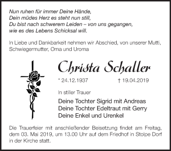 Traueranzeige von Christa Schaller von Märkische Oderzeitung